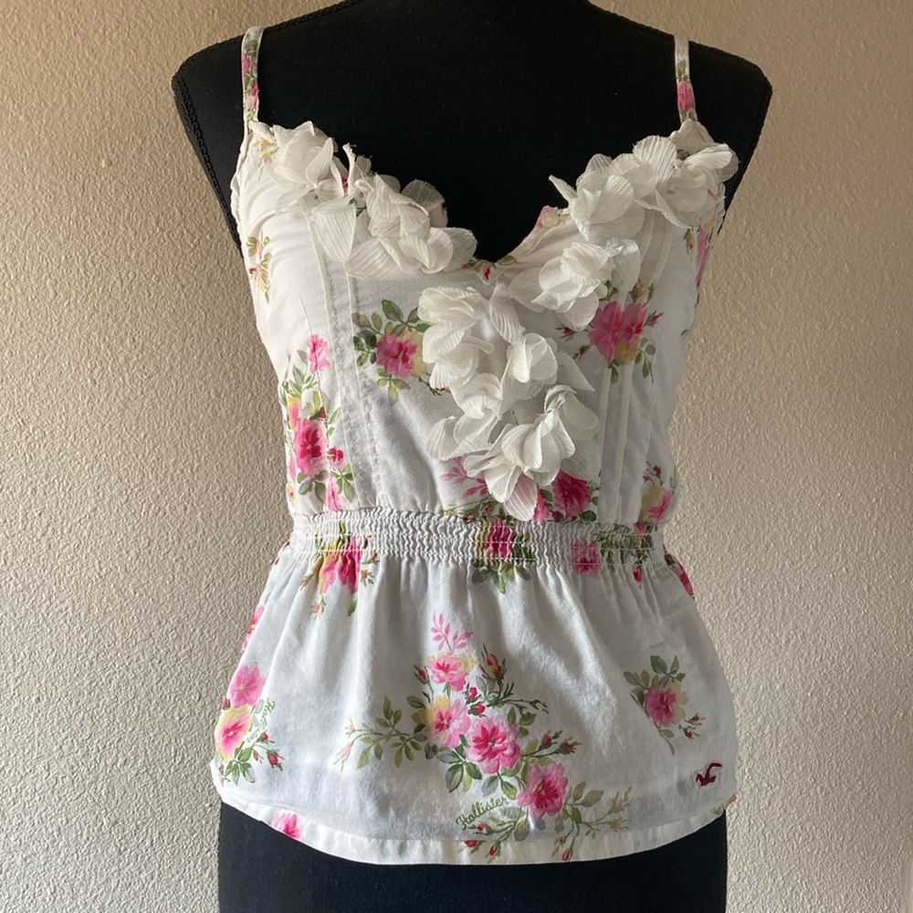 Hollister White with Pink Flowers Spaghetti Strap Adjustable Tank Size XS